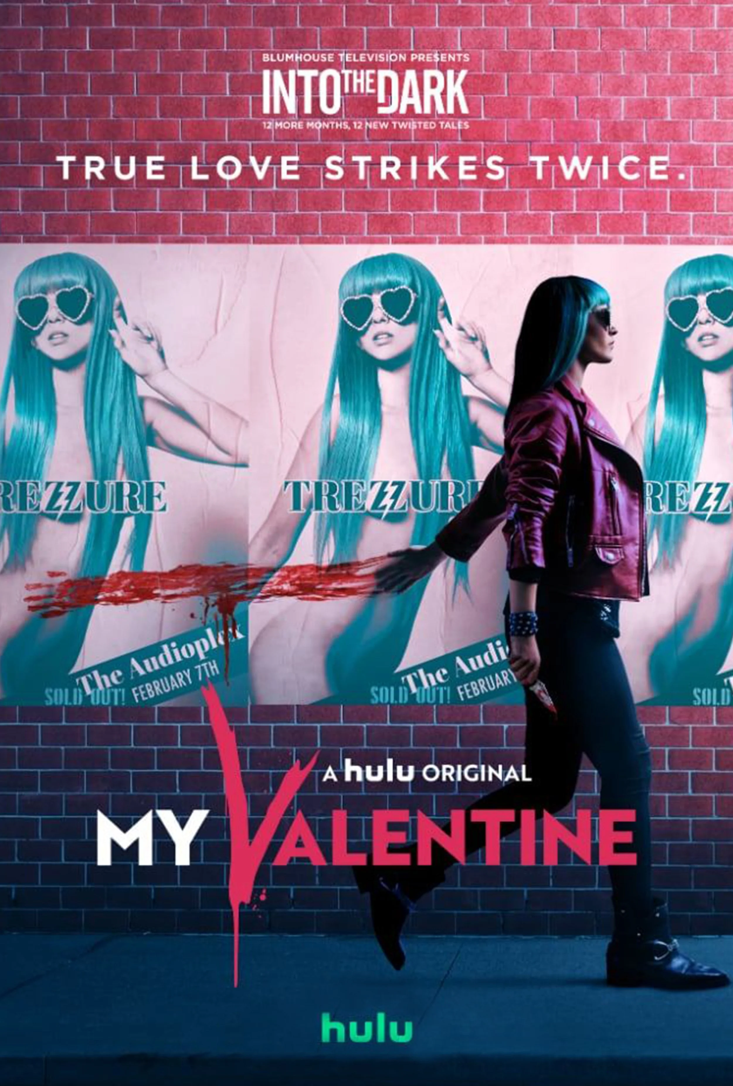 Poster for the Hulu original series "My Valentine" featuring a woman in black pants and a purple leather jacket with a punk style, walking past a wall with posters of a woman with long blue hair and heart-shaped sunglasses. The background includes a 