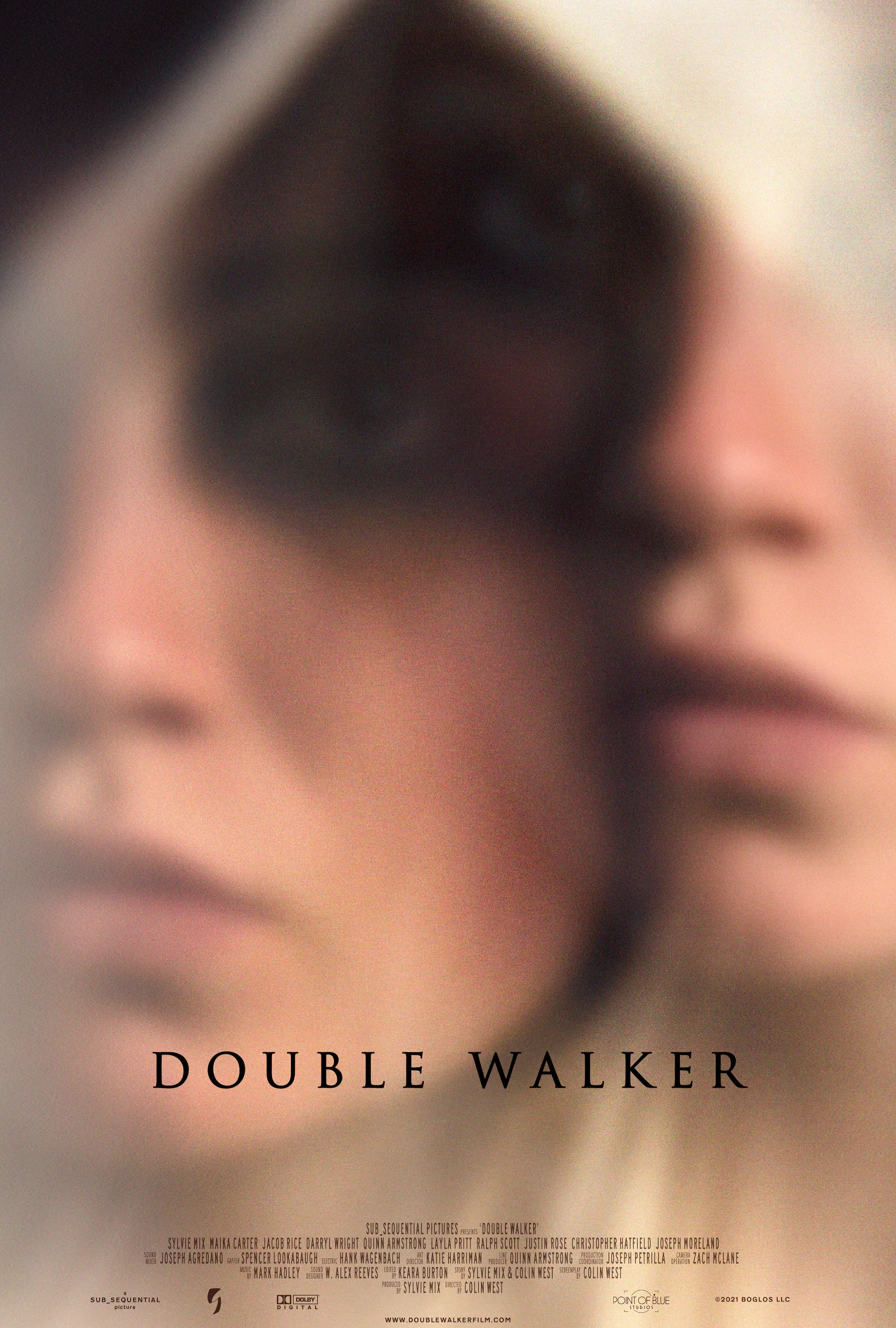 Blurred movie poster for 'Double Walker' with two women's faces overlapping.