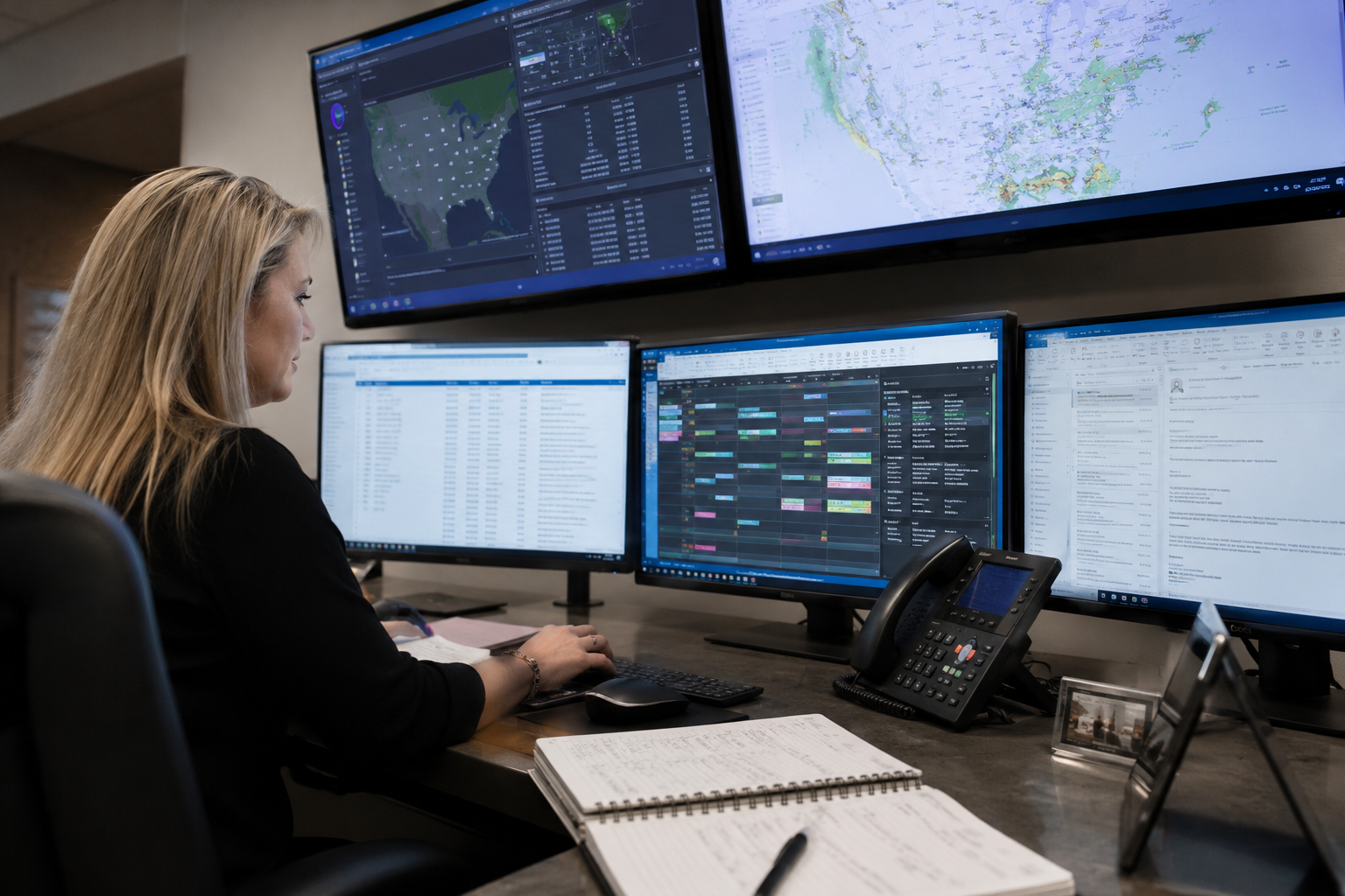 Woman working at a multi-screen computer setup with maps, spreadsheets, and a calendar on the screens.