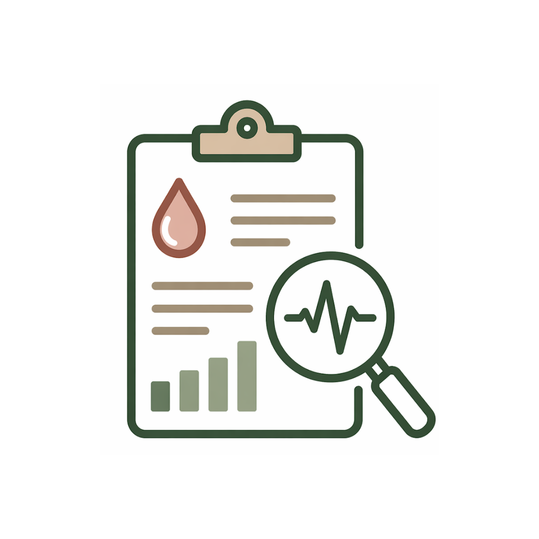 Illustration of a clipboard with a blood drop icon, bar chart, and a magnifying glass with a heartbeat line, representing medical test analysis