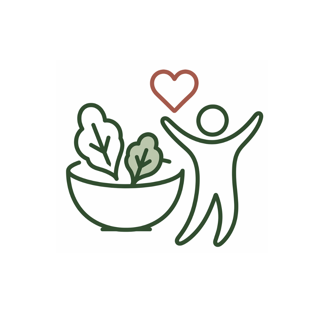 Simple line drawing of a person with raised arms, a bowl of leafy greens, and a heart above, symbolizing health, wellness, and love for healthy eating.