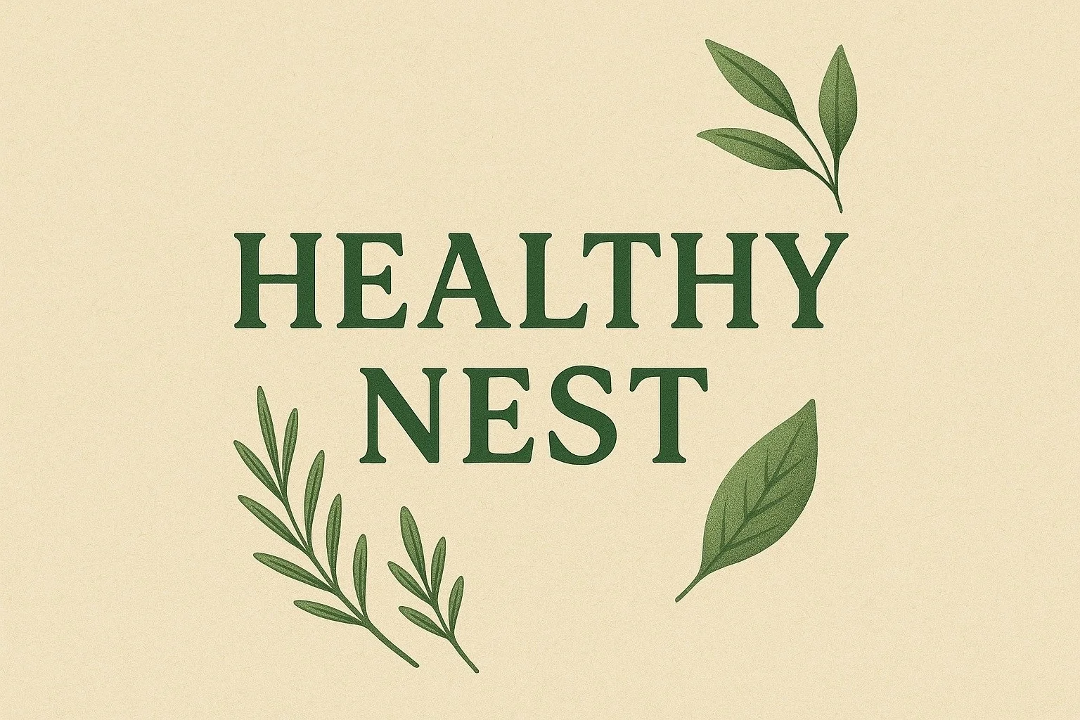 Design featuring the words 'Healthy Nest' in dark green text on a beige background, decorated with illustrated green leaves and sprigs.
