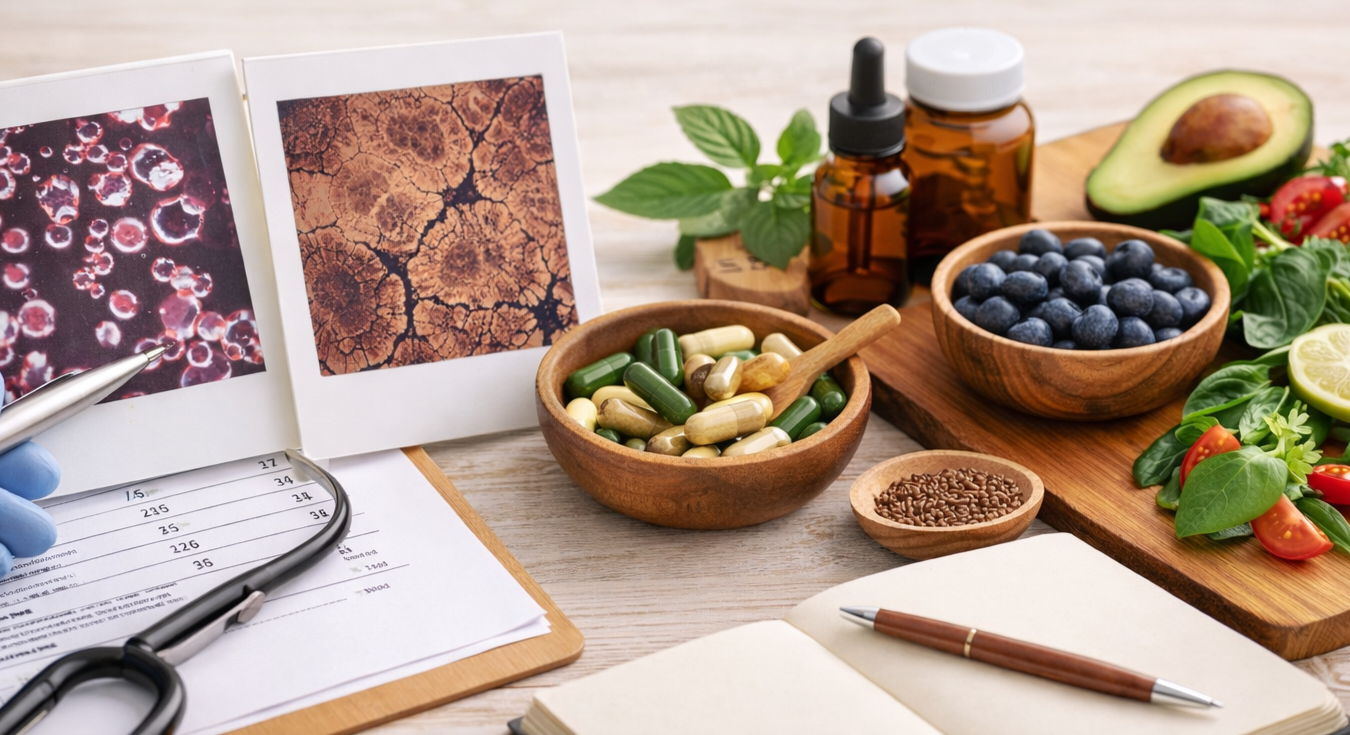 A wooden table displaying natural health and wellness items, including a stethoscope, medical documents, chemical reaction images, mixed herbal supplements, blueberries, avocado, cherry tomatoes, lemon, fresh herbs, bottles of medicine, and a notebook with a pen.