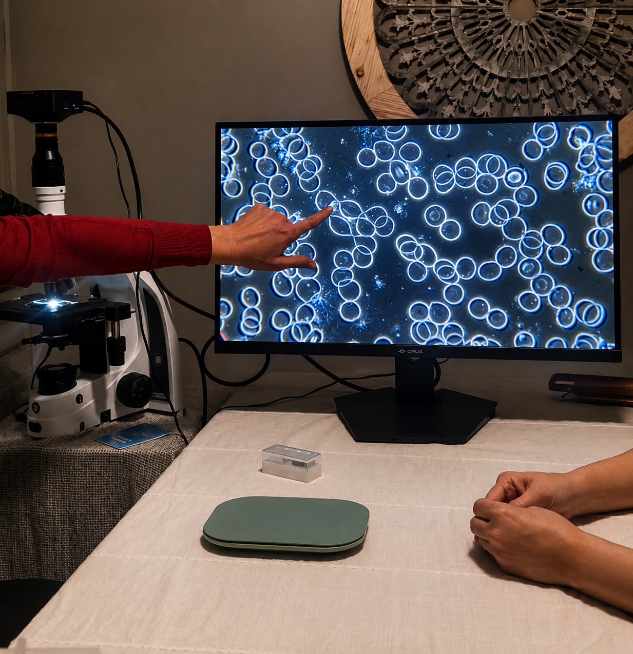 A person pointing at a computer screen displaying an image of glowing blue and white circular structures, possibly representing cells or molecules, set in a scientific laboratory or research setting with a microscope nearby.