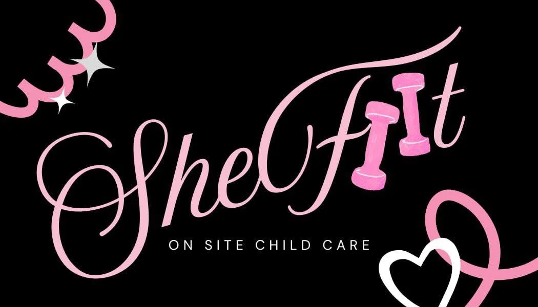 Logo for SheLift, a child care service, with pink and white design elements including a heart, push pins, and handwritten-style text on a black background.