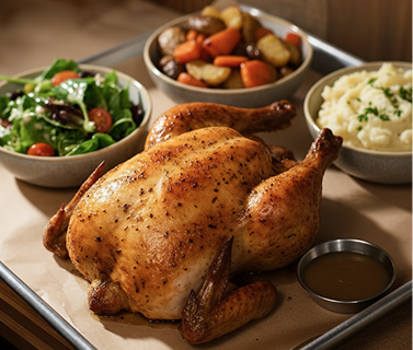 Roast chicken with side dishes of salad, mixed vegetables, mashed potatoes with herbs.