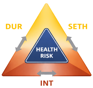 Warning triangle depicting health risk in the centre with Duration, Intensity and Severity represented around the outside.
