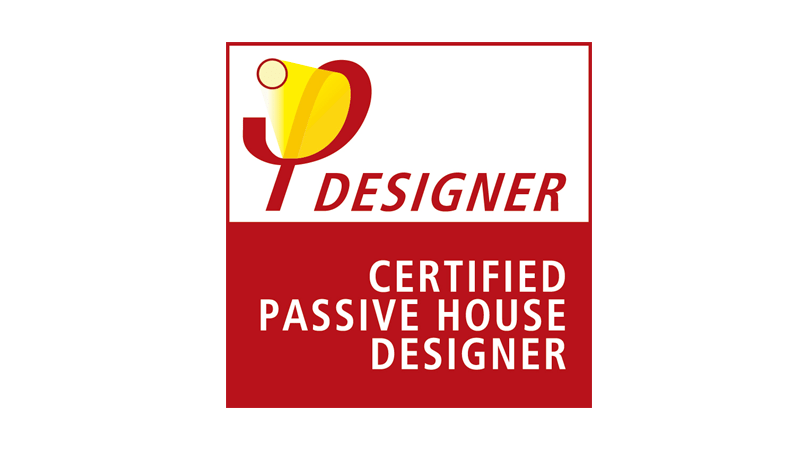 Certified Passive House Designer logo with a stylized yellow and red light bulb icon.