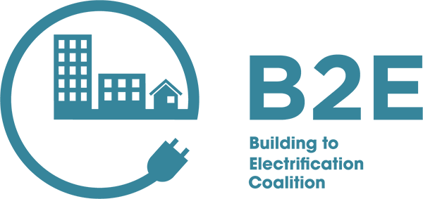 Logo of B2E Building to Electrification Coalition, featuring a city skyline inside a circle with an electrical plug connected to the bottom.