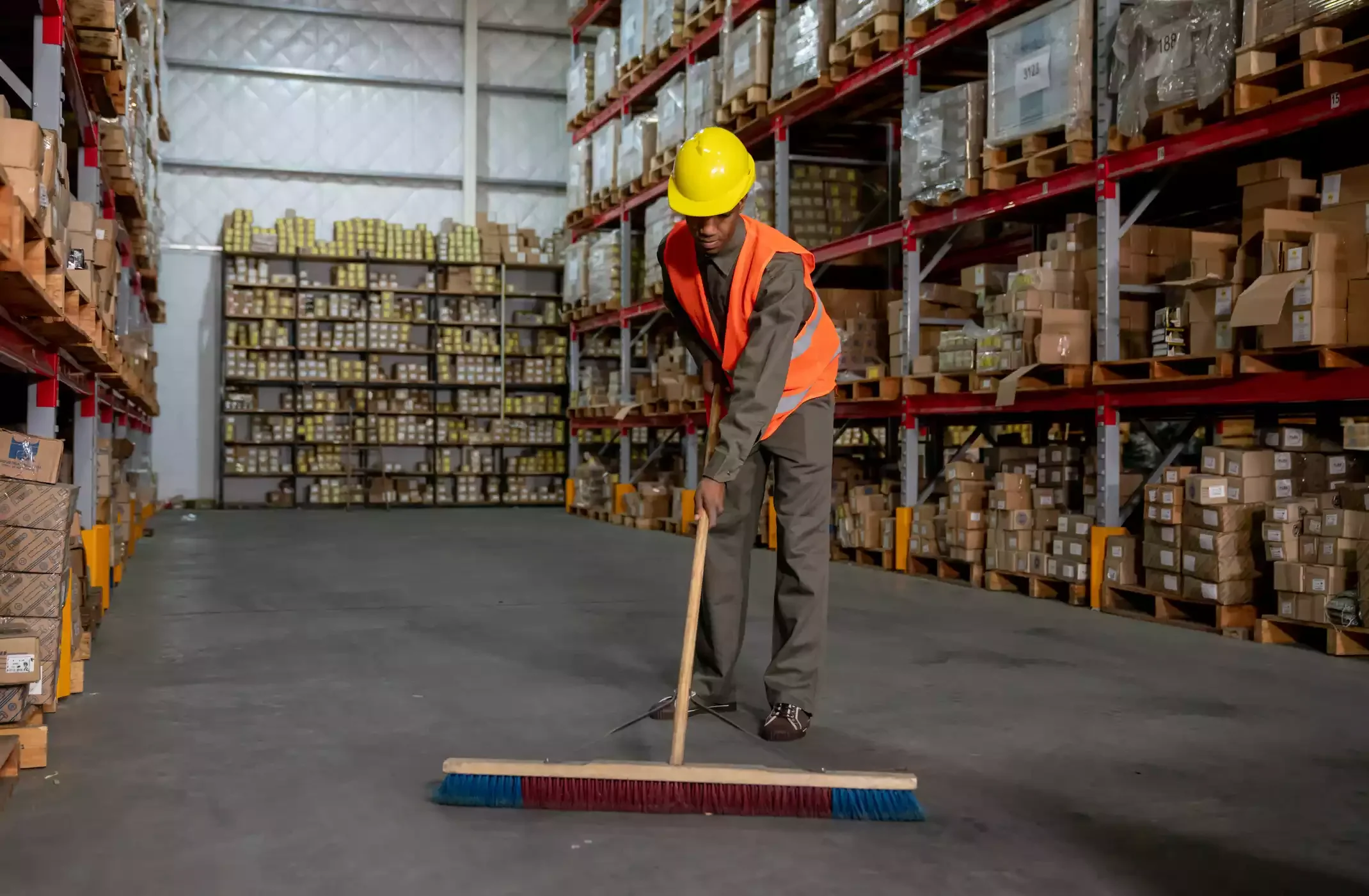 A worker sweeping the floor in a warehouse with shelves filled with boxes and packages.