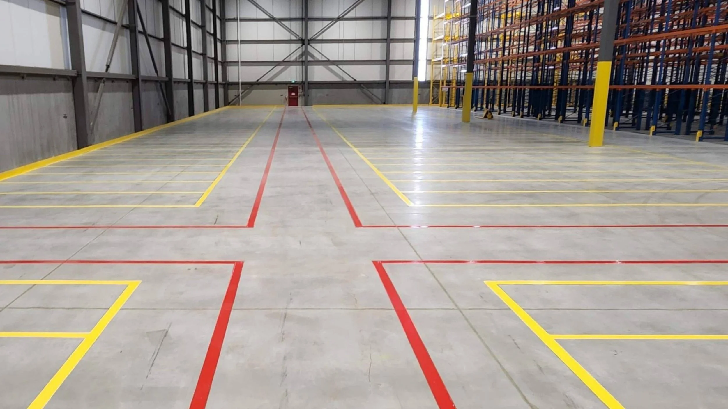Empty warehouse with red and yellow lines marked on the concrete floor for storage or vehicle parking, metal shelving units on the right, and a closed fire door at the far end.