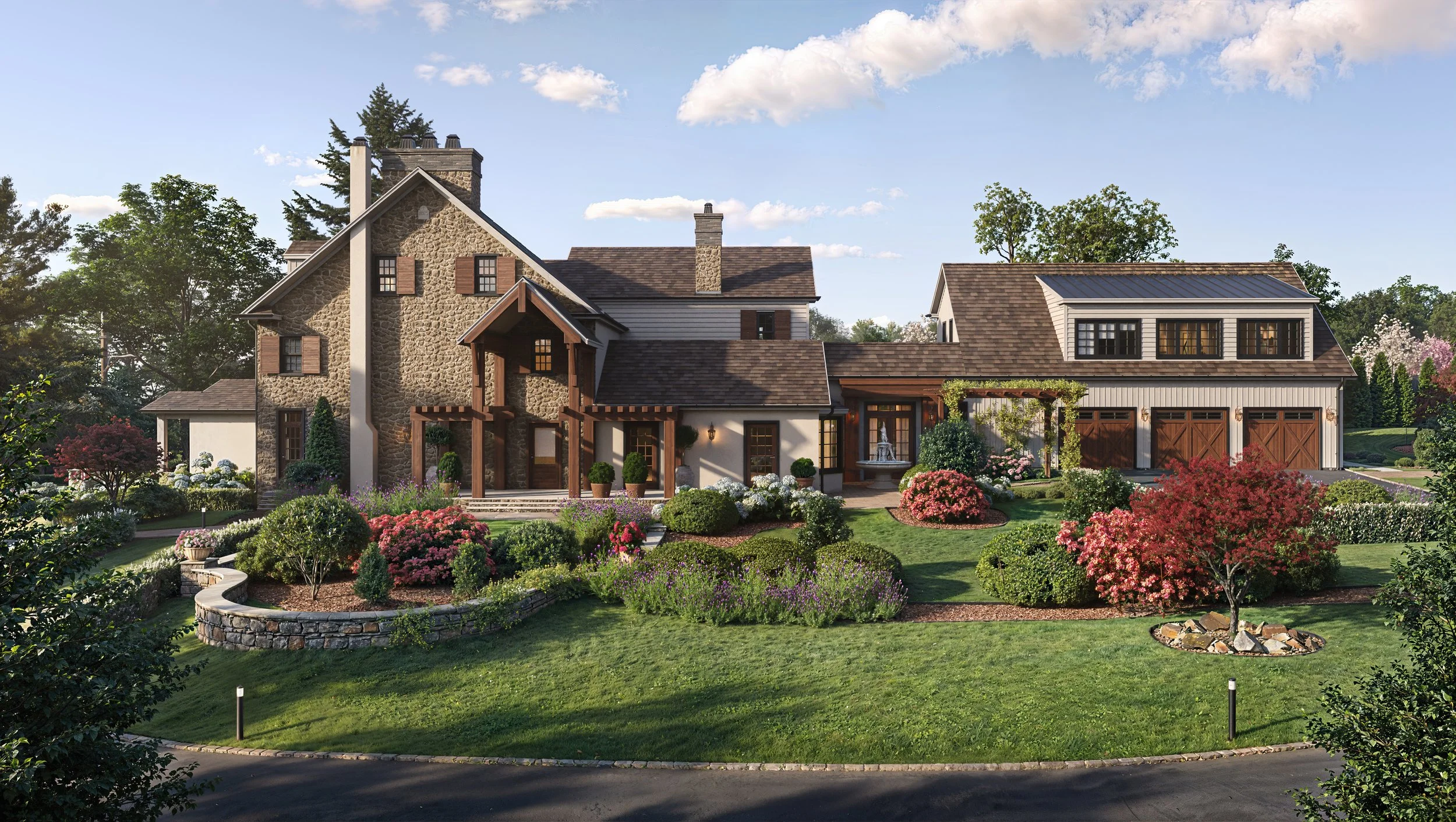 Large house with stone and white siding exterior, surrounded by landscaped garden with various bushes and flowering plants, under a partly cloudy sky.