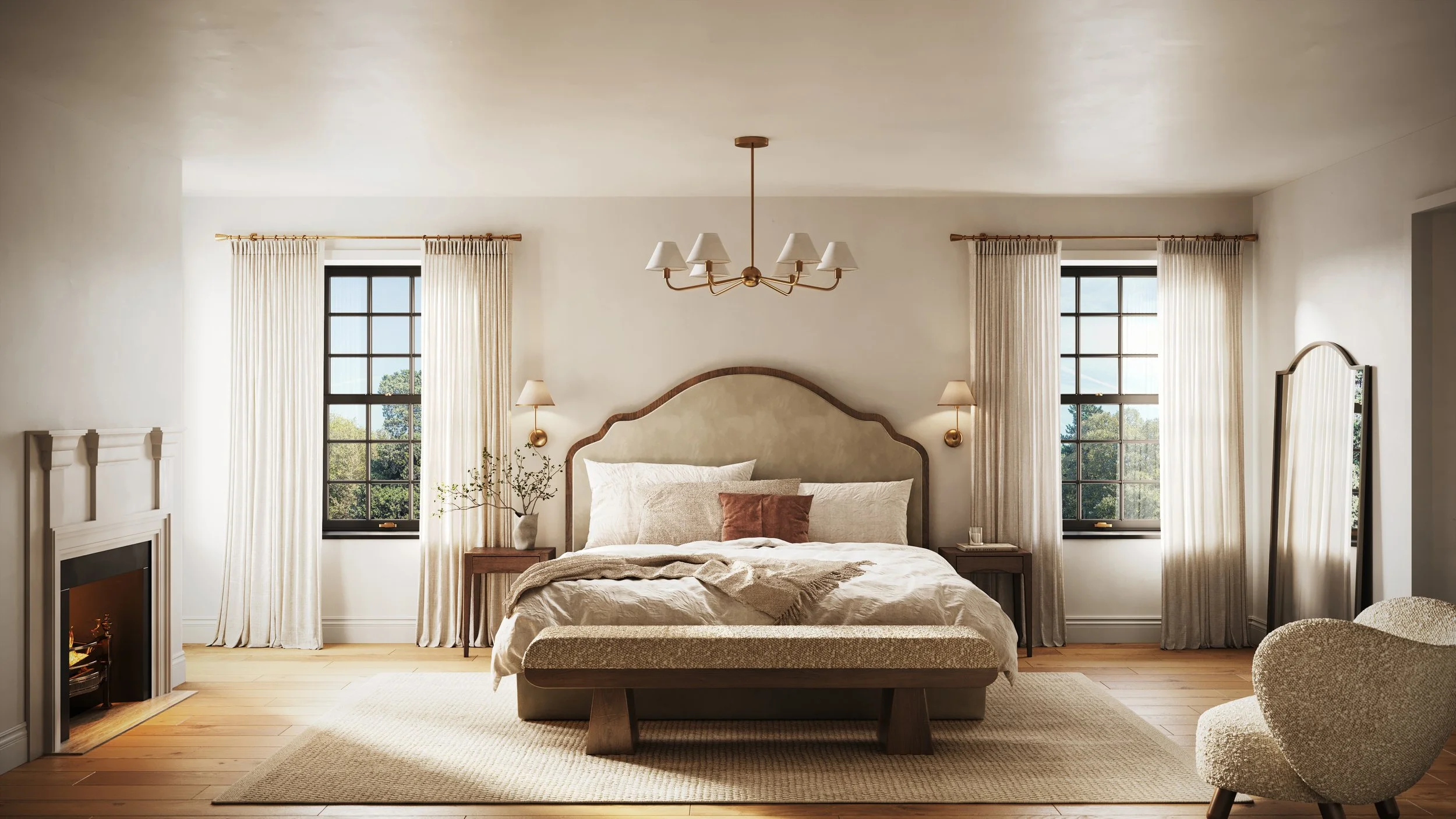 A cozy bedroom with a large bed, white bedding, and multiple pillows, flanked by two windows with dark frames and white curtains. A wooden bench sits at the foot of the bed. There are nightstands on each side with lamps and a plant, a fireplace on th