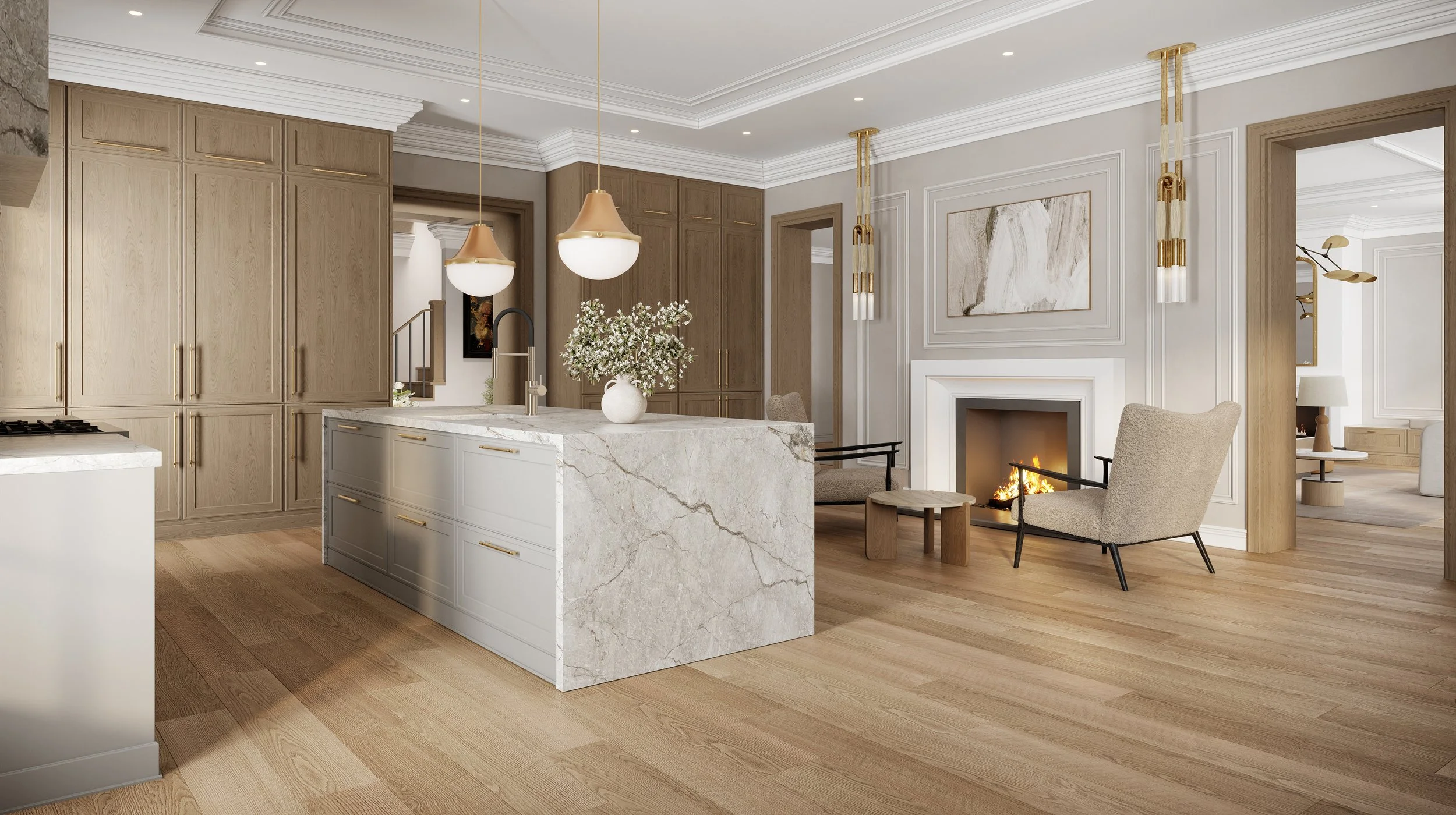 Open-concept kitchen and living room with wooden cabinetry, white marble island, fireplace, beige armchair, and modern decor.