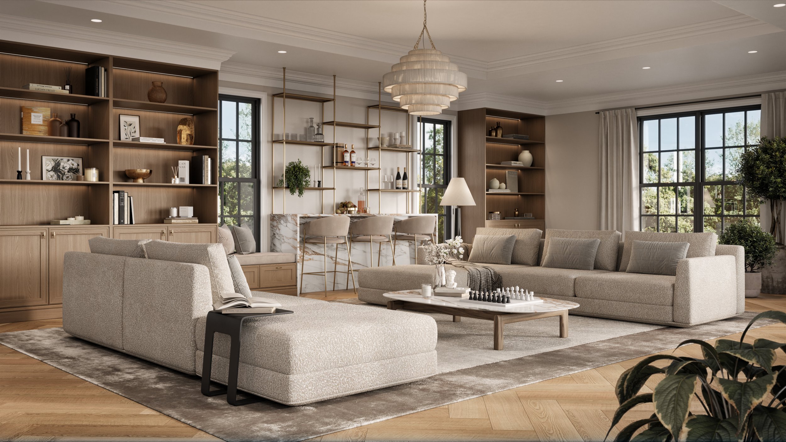 Modern living room with beige sectional sofa, light-colored armchair, wooden bookshelf, built-in bar with bar stools, large windows with curtains, decorative plants, chandelier, and a patterned rug.