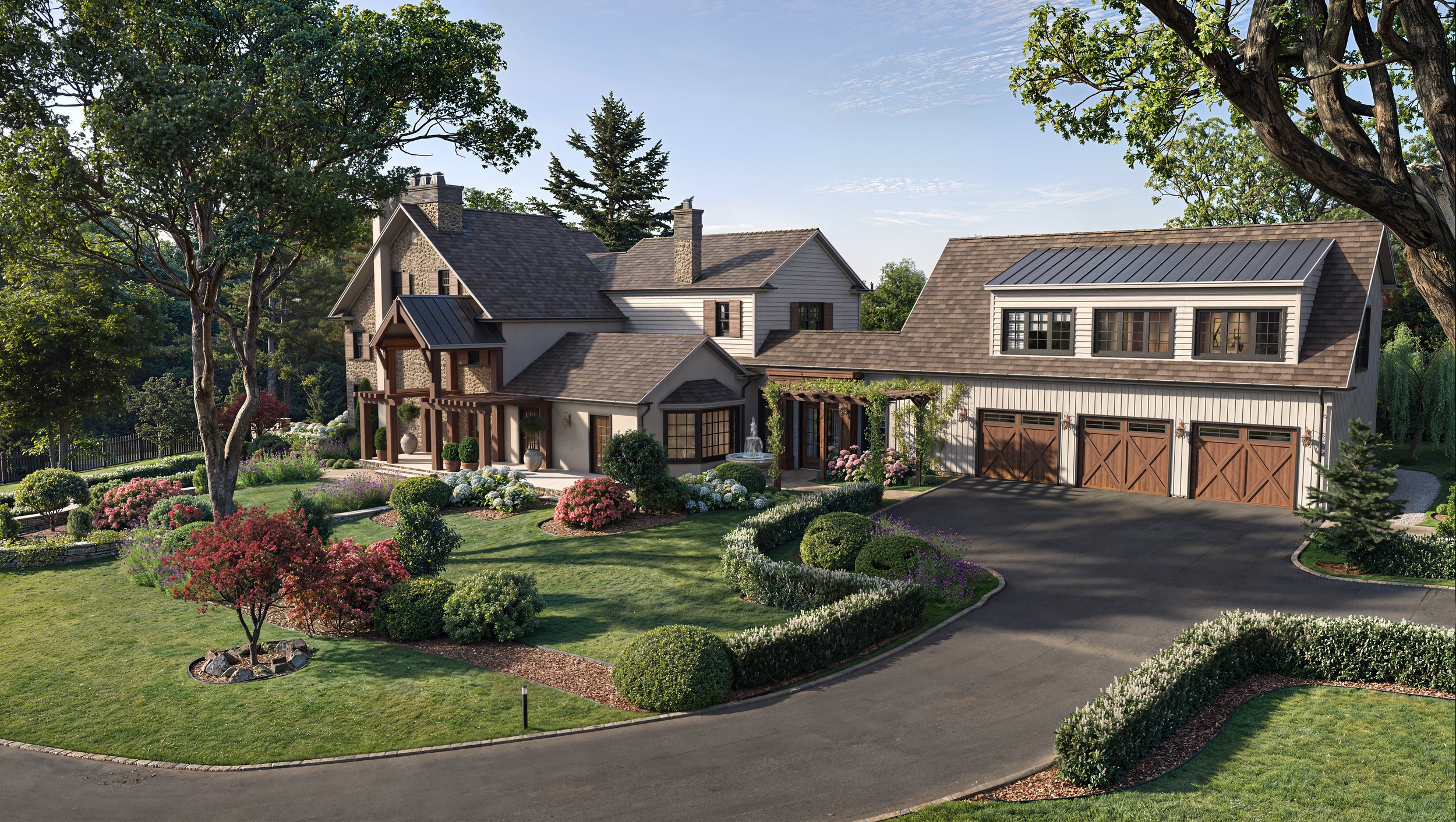 A large, multi-story house with a well-manicured front yard and diverse landscape, including flowering bushes, trees, a fountain, stone pathway, and a three-car garage.