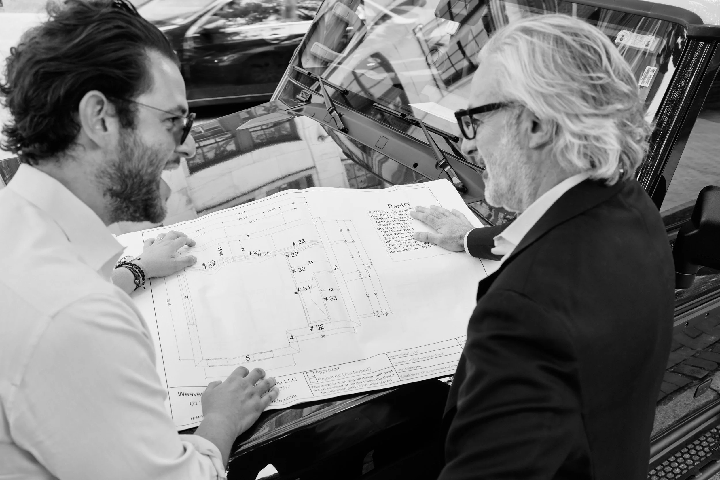 Two men looking at architectural blueprint next to a car parked on a city street.
