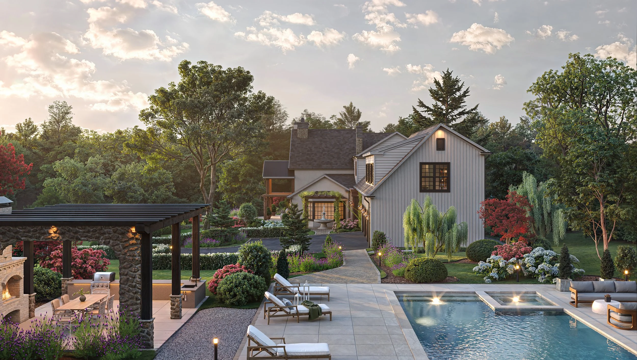 A backyard with a pool, lounge chairs, a patio with an outdoor fireplace, lush green trees, and a house in the background during sunset.