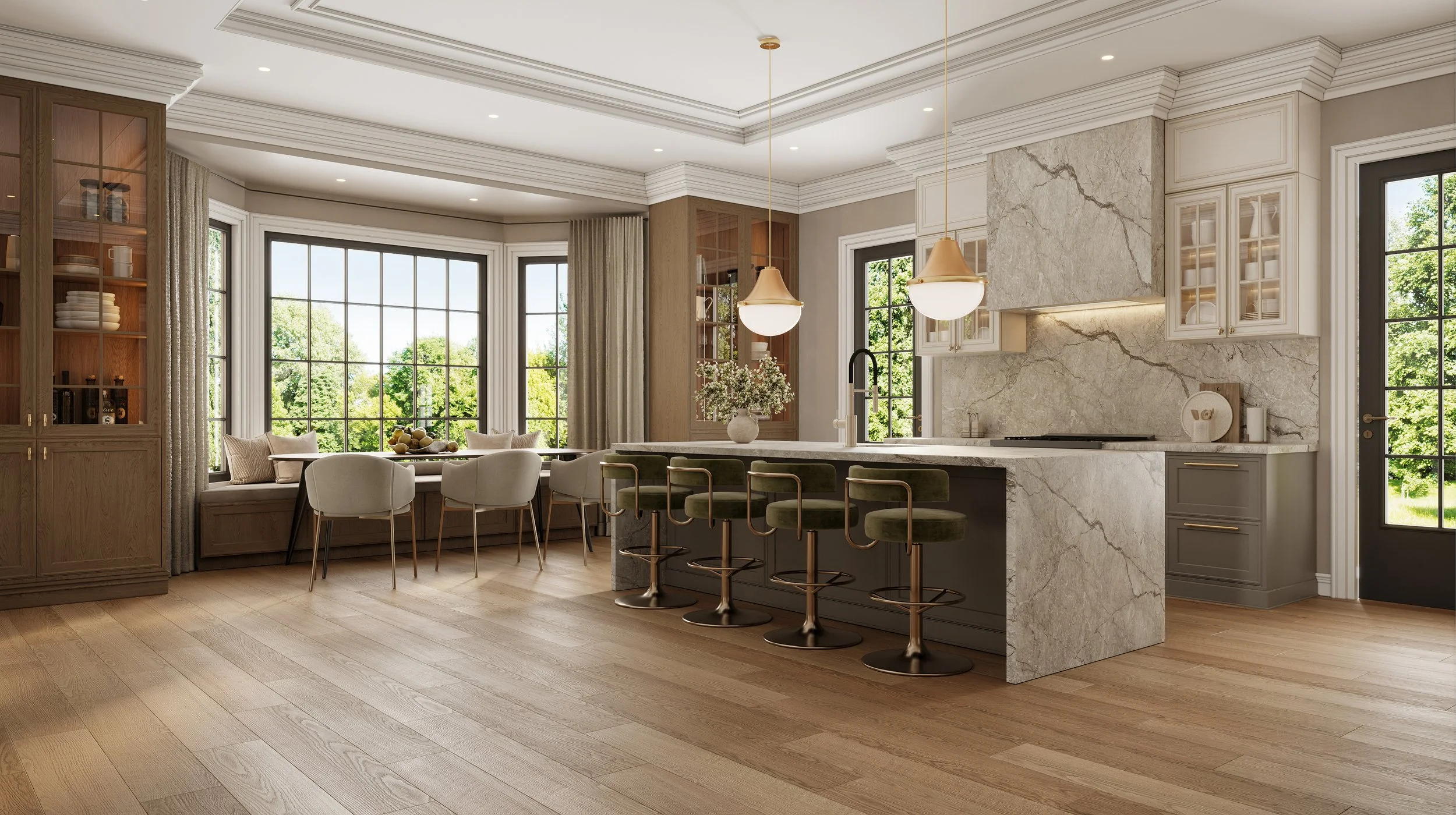 Modern kitchen with a large marble island, pendant lighting, and a window nook with a view of greenery.