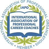 Logo of the International Association of Professional Career Coaches, featuring a blue shield with a white book, green laurel branch, and the organization's name.