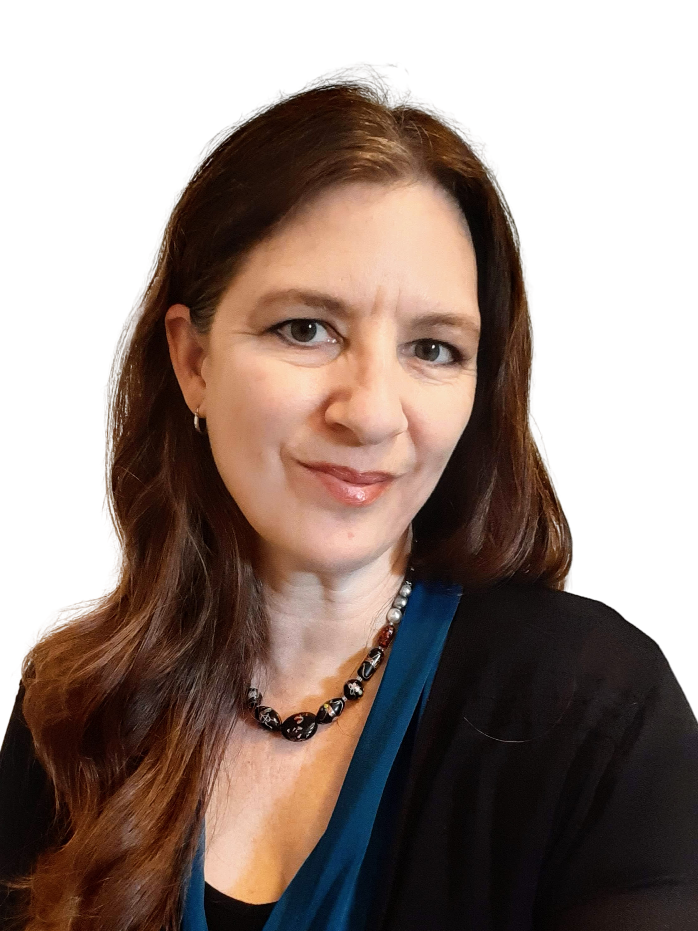 A woman with long brown hair and blue eyes smiling, wearing a black top, a blue scarf, and a black and pearl beaded necklace, against a white background.