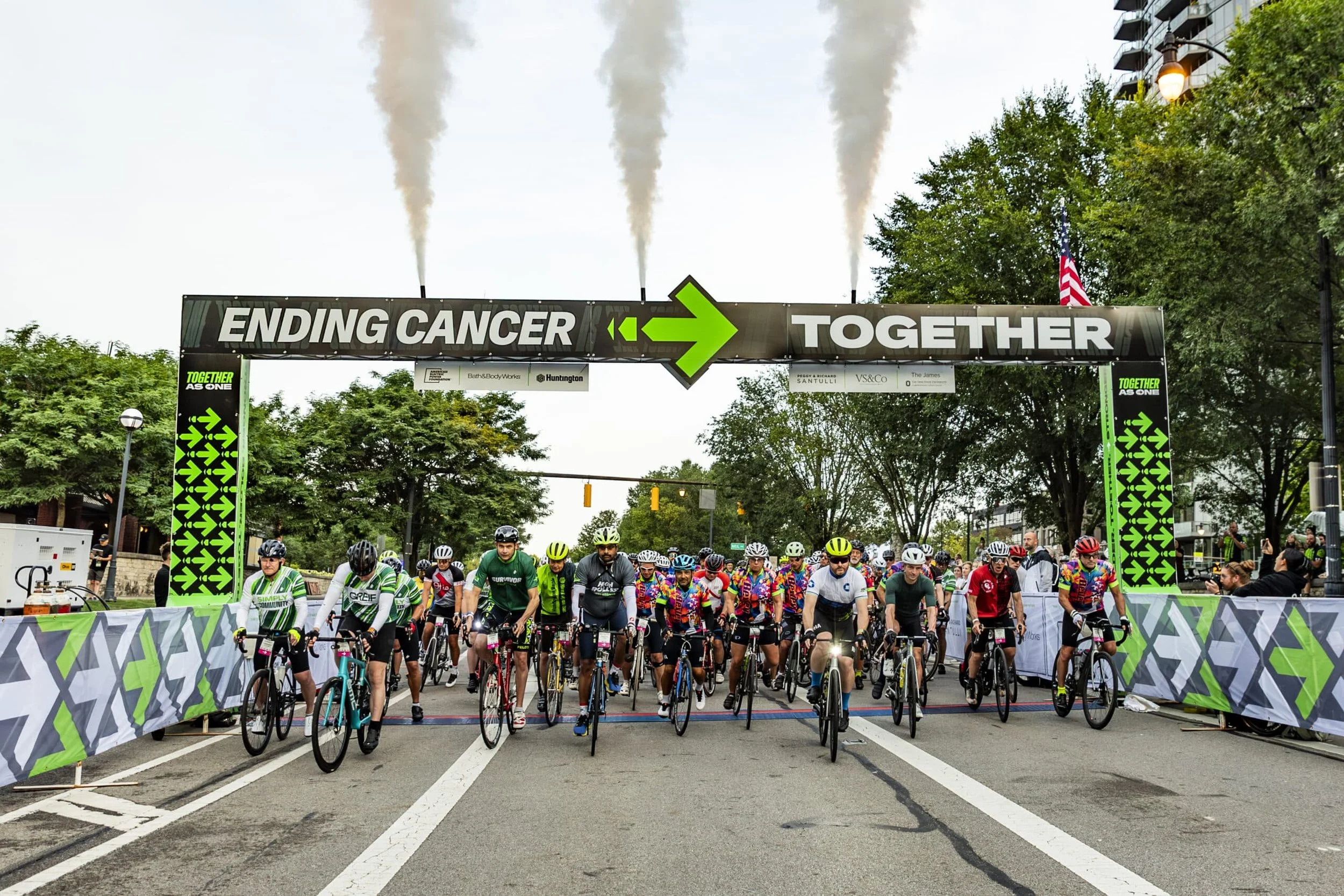 Cyclists at the starting line of a Pelotonia event