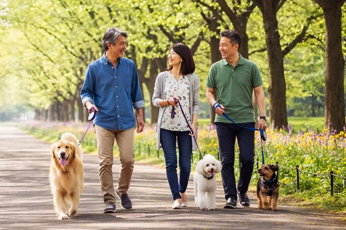 A group of three adults walking in a park with three dogs on leashes, surrounded by greenery and trees.
