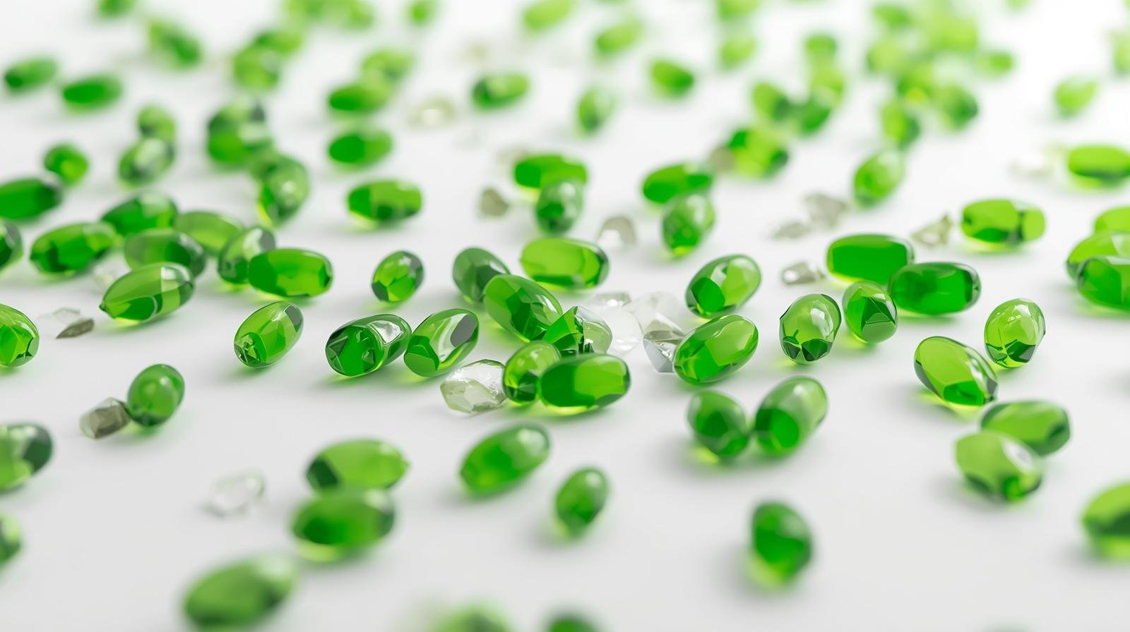 Green and clear uncut gemstones scattered on a white surface.