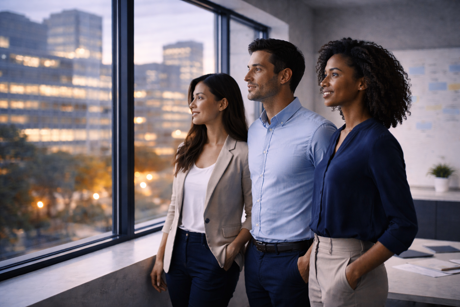 Three professionals standing together in an office, looking out the window at the cityscape during sunset.