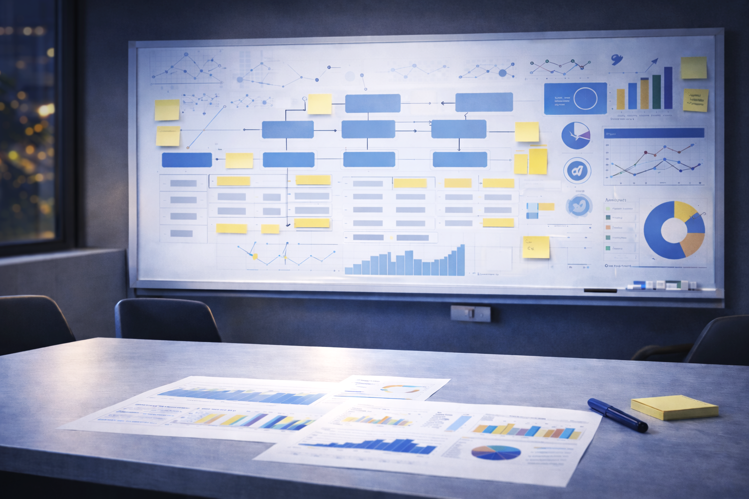 Business meeting room with a whiteboard filled with charts, graphs, flowcharts, and sticky notes. Papers with graphs are spread on the table, alongside a marker, sticky notes, and documents.