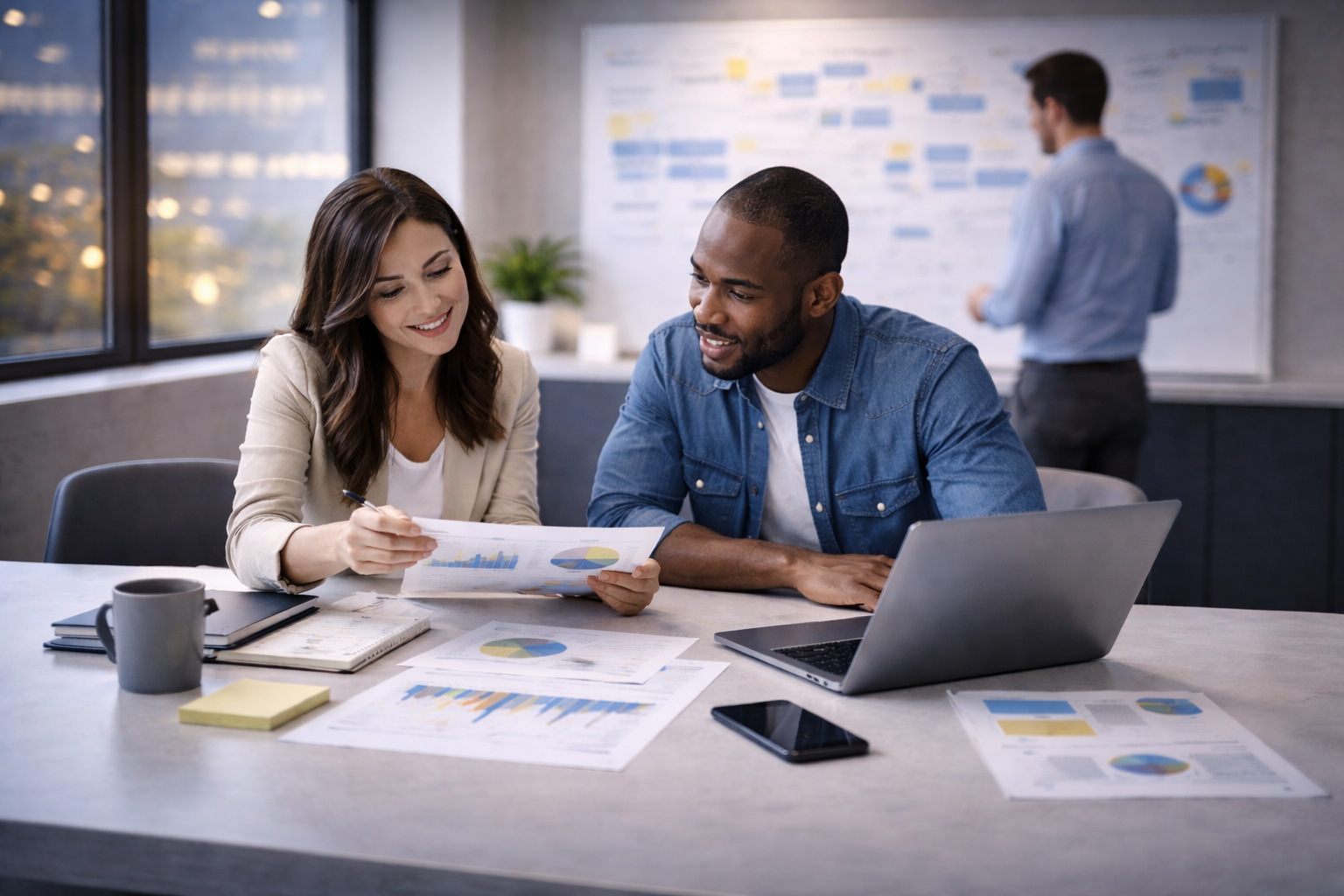 Two colleagues, a woman with brown hair and a man with a beard, sit at a conference table reviewing and discussing reports and charts with a laptop and smartphone in front of them. Another man is standing in the background near a whiteboard with graphs, in an office with large windows.
