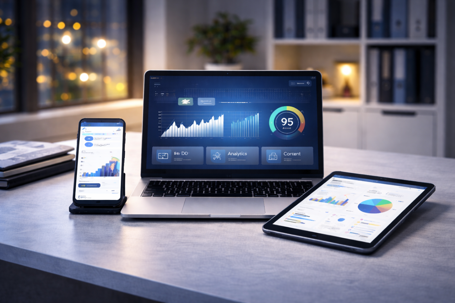 Multiple electronic devices displaying data analytics on a desk in an office setting, with windows and blurred indoor lighting in the background.