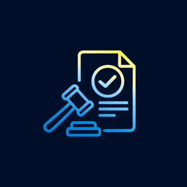 Outline of a gavel, a legal document with a checkmark, and a stamp on a dark background.