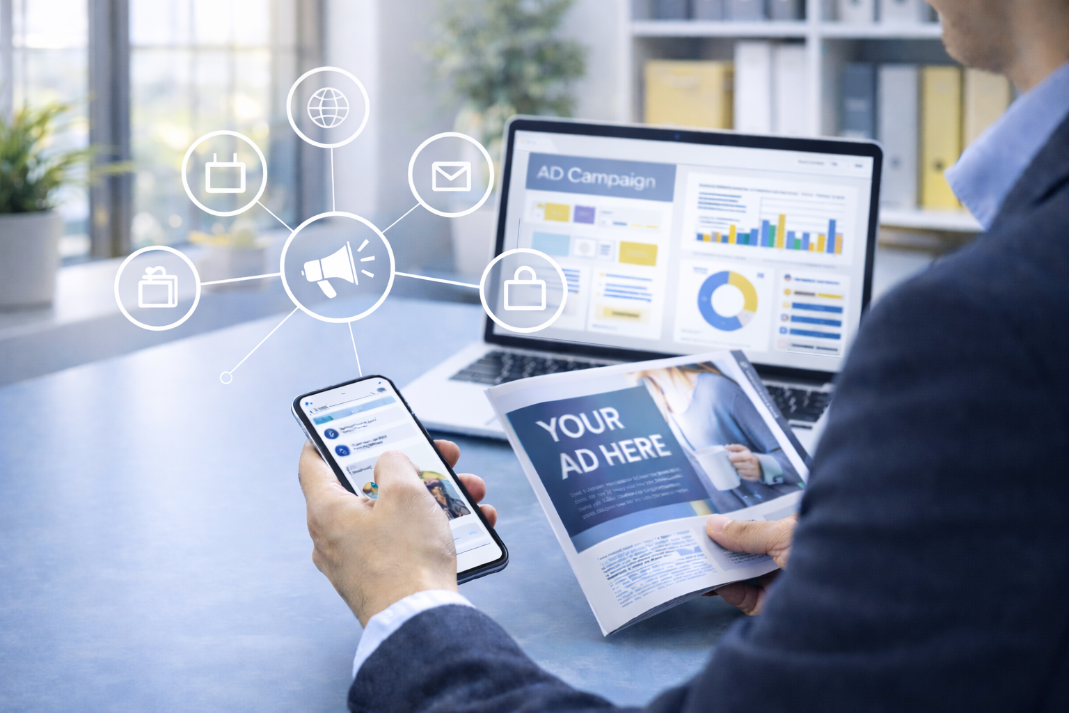 Business person holding smartphone and reading printed advertisement at desk with laptop displaying graphs and charts, and floating icons representing digital marketing concepts.