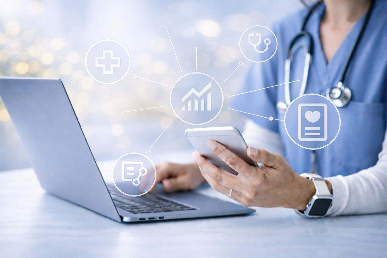 A healthcare professional in scrubs with a stethoscope around her neck using a smartphone. Digital icons related to healthcare, medical data, and growth are superimposed over the image, including a medical cross, a heart on a clipboard, a stethoscope, and a growth chart.