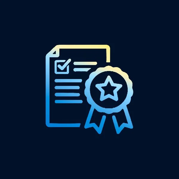 Icon of a document with a checkmark and a certification ribbon with a star, representing achievement or certification.