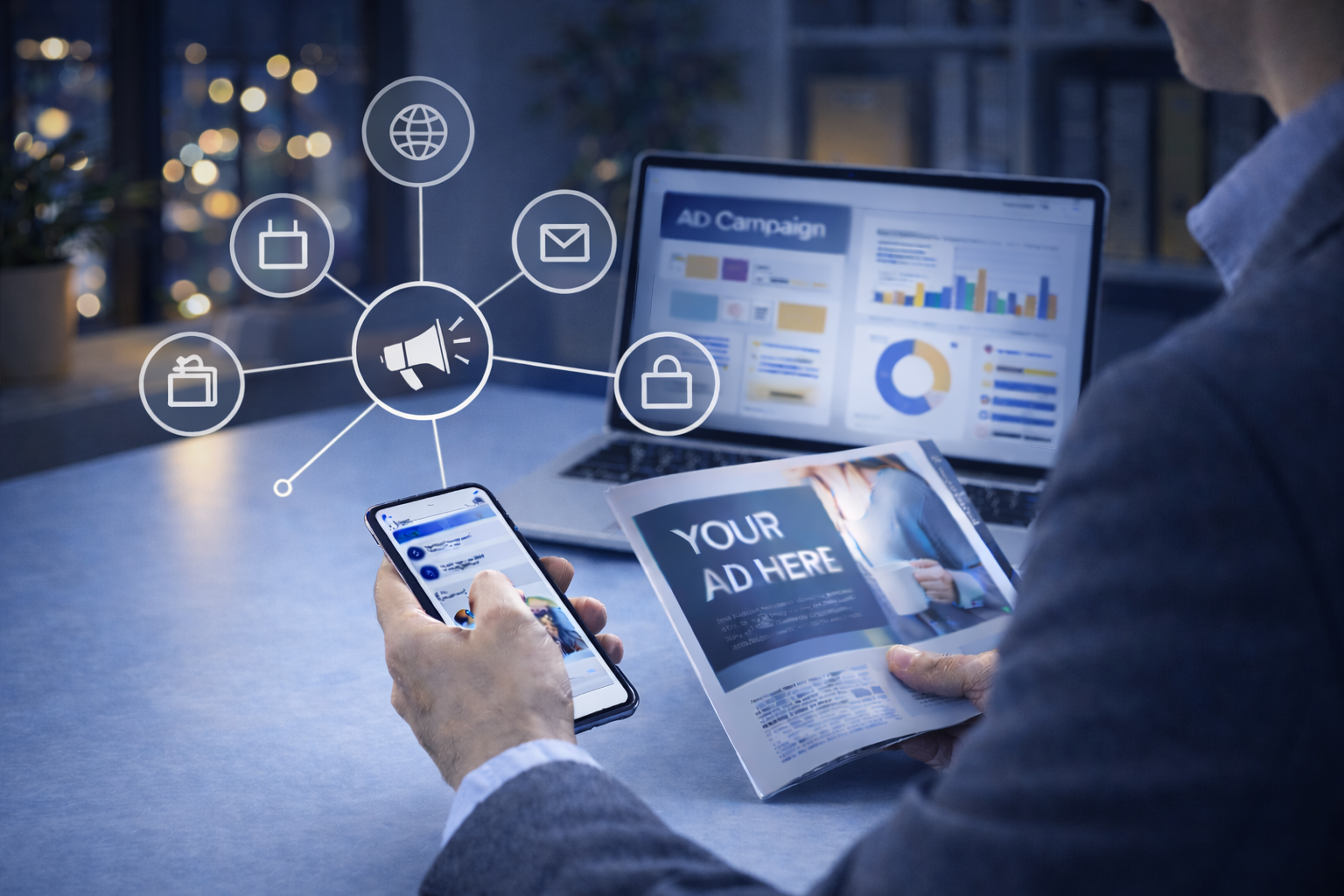 A person holding a smartphone and a newspaper with an advertisement. In the background, there is a laptop displaying marketing charts and graphs, with overlay icons representing global connectivity, calendar, email, lock, and megaphone.