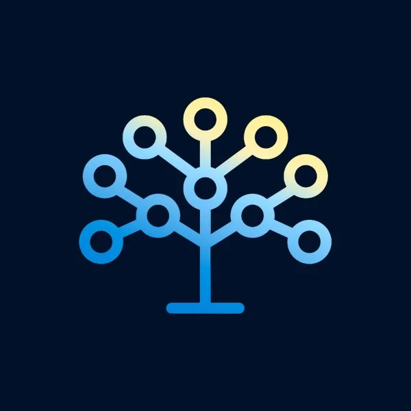 A digital illustration of a stylized tree with interconnected circles forming branches, in shades of blue and yellow, on a dark background.