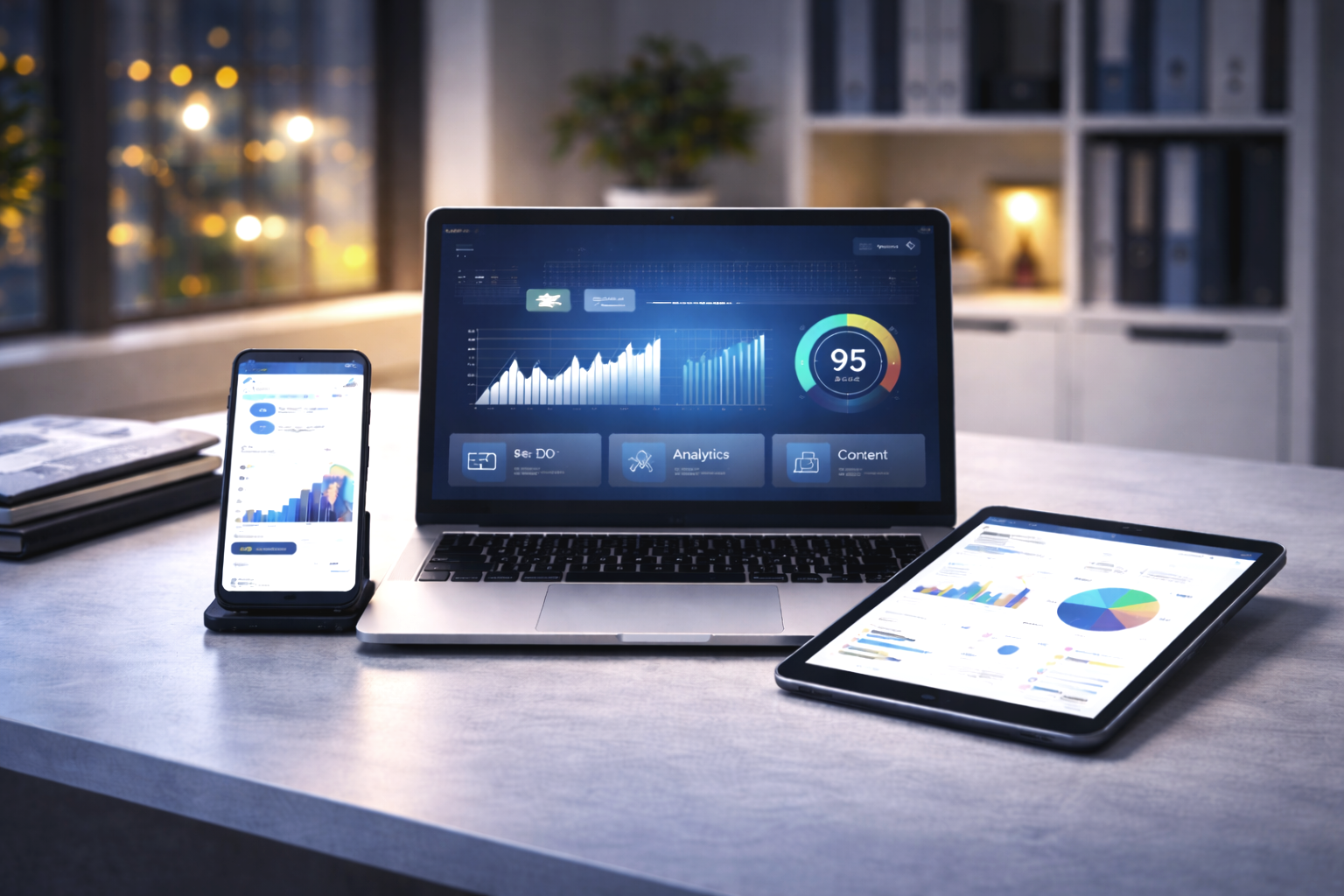 A laptop, smartphone, and tablet displaying various charts, graphs, and analytics on a desk in a modern office setting.