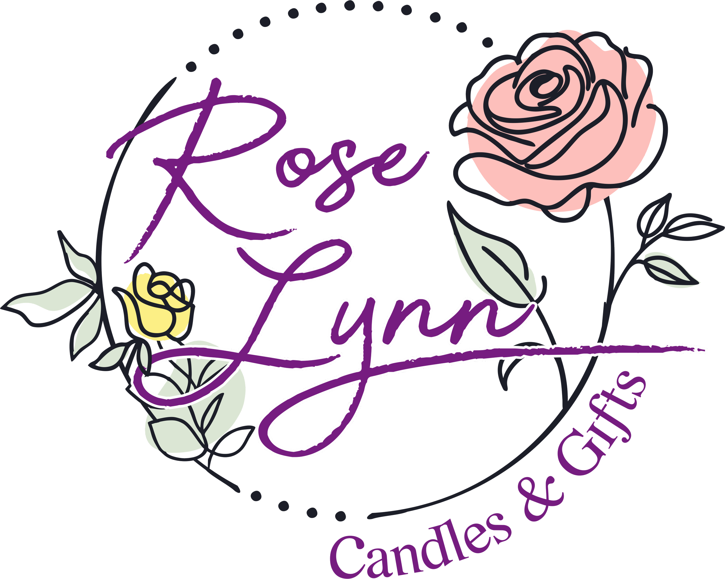 Decorative sign with pink and yellow roses, the words 'Rose Lynn' in purple cursive, and 'Candles & Gifts' in purple text, surrounded by floral illustrations.