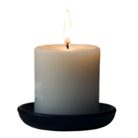 White lit candle on a black candle holder.