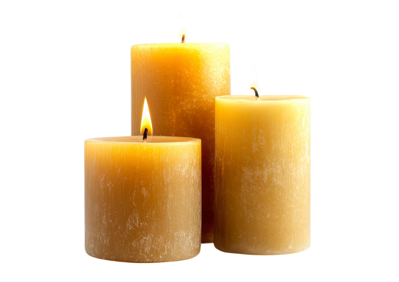 Three lit pillar candles of varying heights, with a black background.