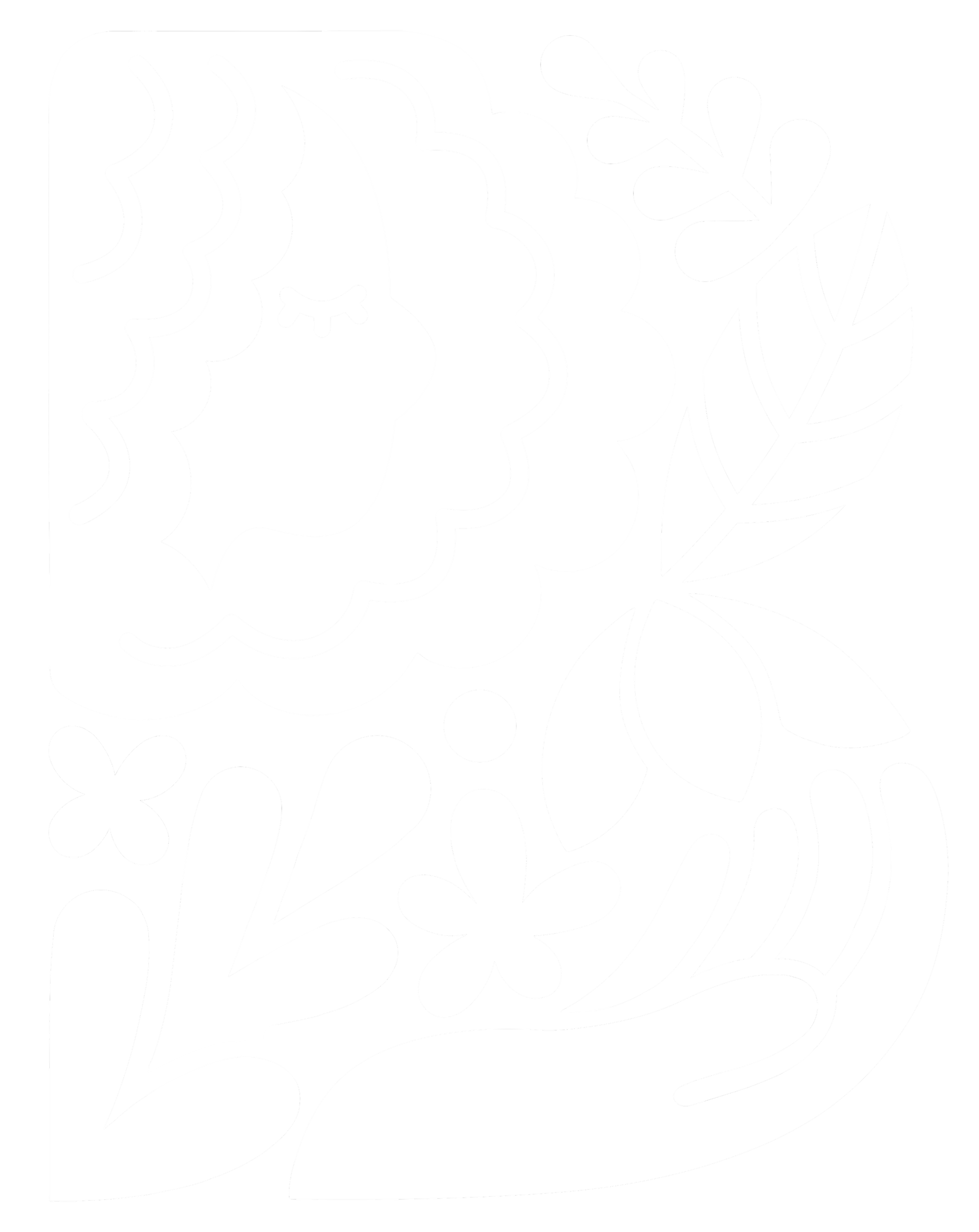 Silhouette of a woman with a flower in her hair, surrounded by leaves and flowers, illustrated in a black and white coloring book style.