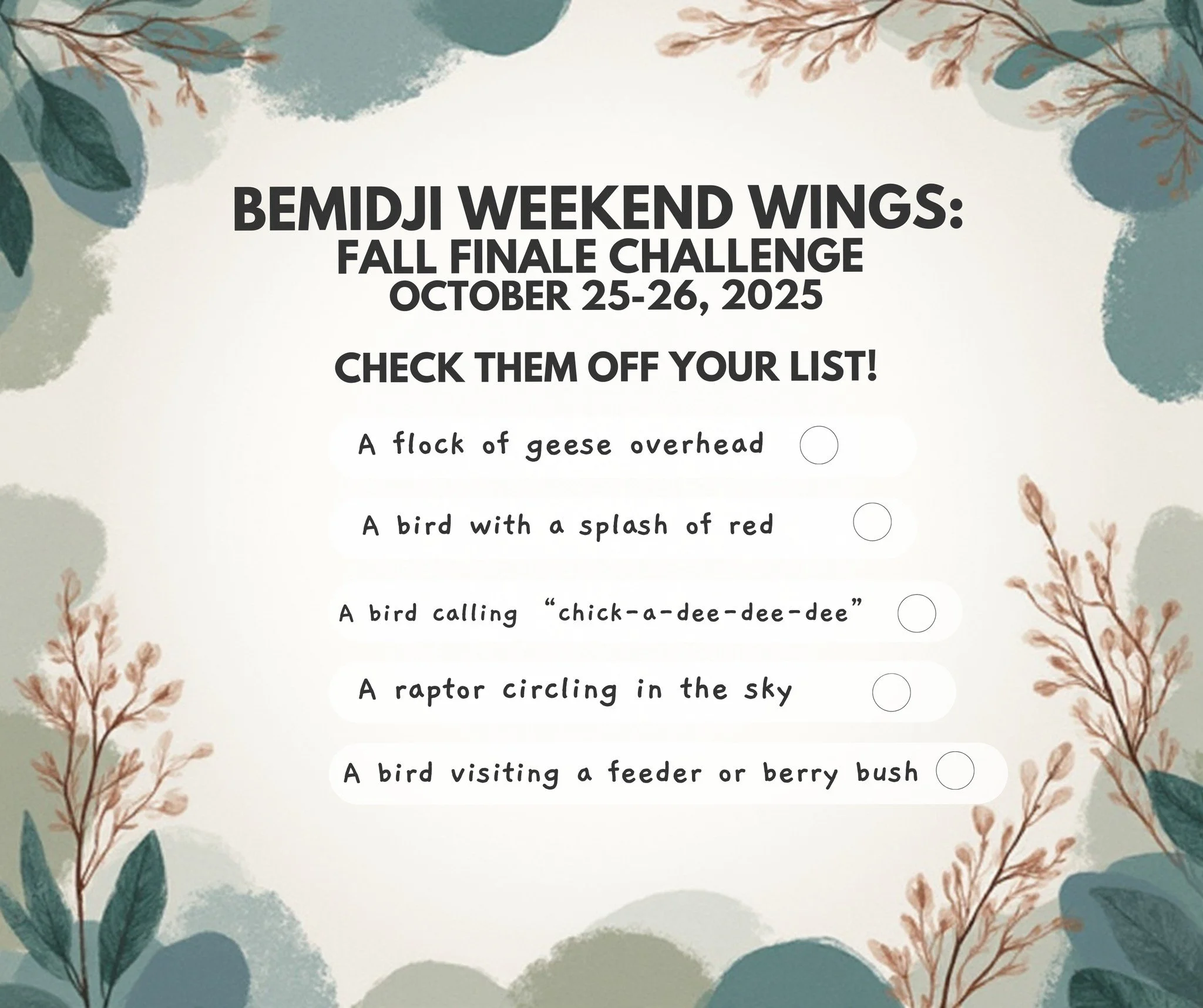 Weekend Wings: Fall Finale Challenge October 25-25, 2025

The forest feels a little quieter this week.
As October winds down, the great fall migration is nearly complete, but there is still plenty of life in the treetops and voices on the wind. This 