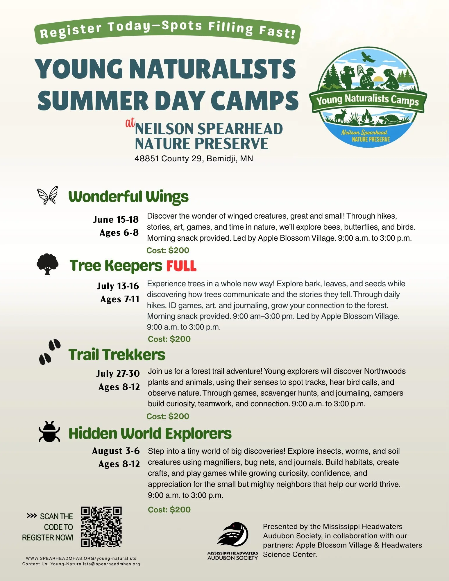 🌿 Limited Spots: Young Naturalist Camps Are Filling Fast! 🐞🦋

👉 Register now: https://www.spearheadmhas.org/camp-registration

Looking for an unforgettable, screen-free, outdoor experience for your child this summer? Our Young Naturalists Camps a