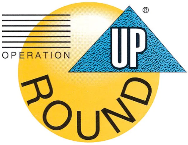 Logo with a yellow circle background, featuring a blue triangle with the word "UP" inside, and the words "OPERATION ROUND" around the circle.