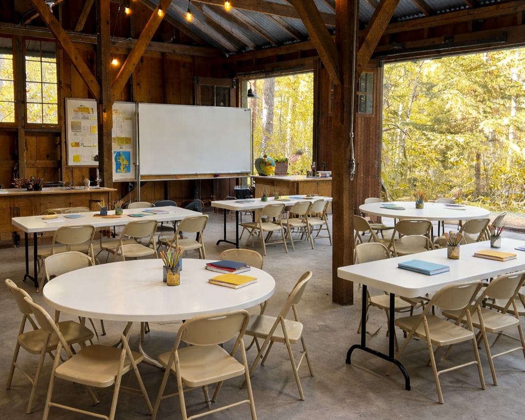 An empty classroom with round and rectangular white tables, beige chairs, a whiteboard, and large windows showing trees outside. There are colored pencils and notebooks on the tables and string lights hanging from the ceiling.