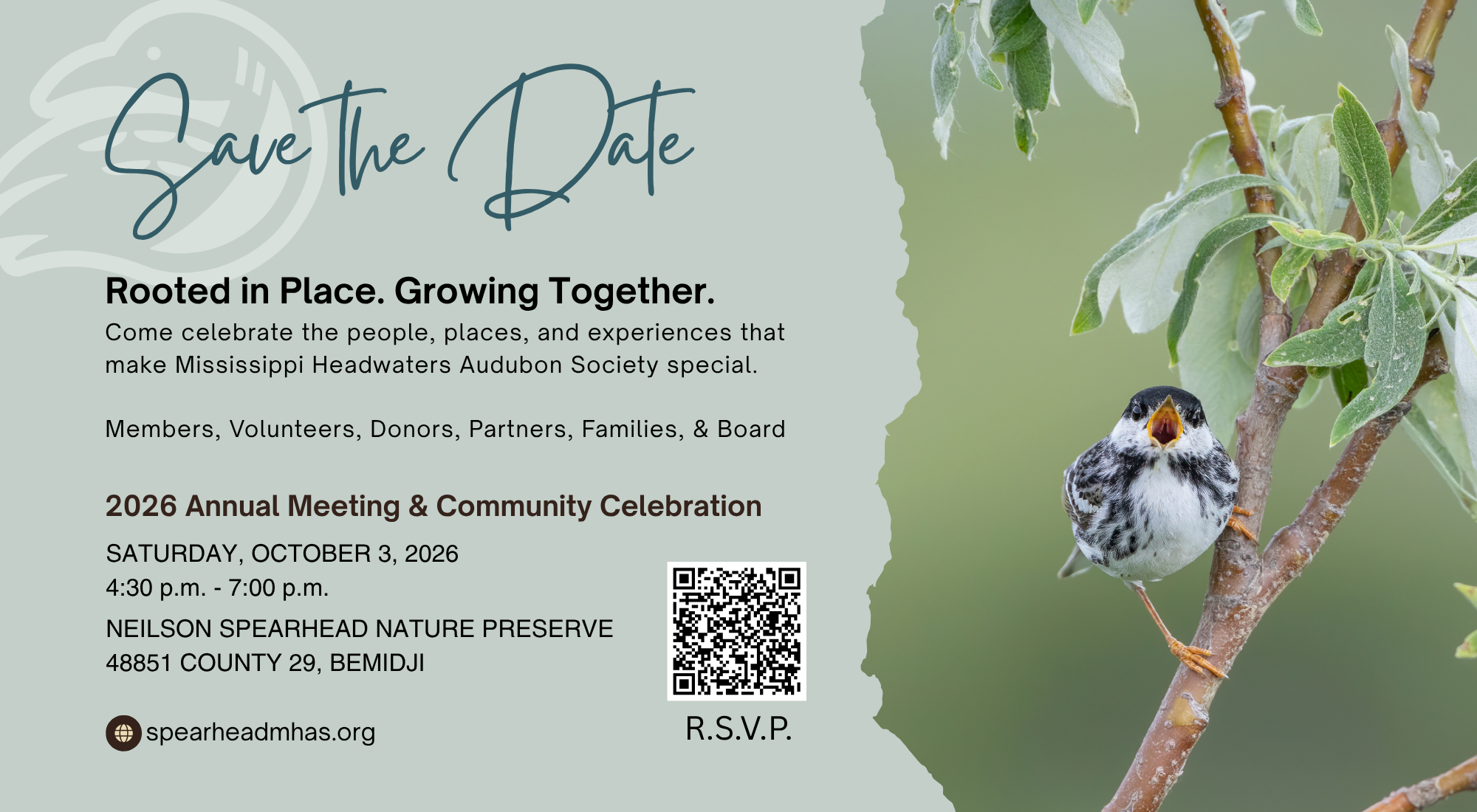 Invitation for the 2026 Annual Meeting and Community Celebration of Mississippi Headwaters Audubon Society, featuring a young bird on a tree branch with leaves, and a background gradient with a bird illustration, all details about the event including date, time, location, and RSVP information.