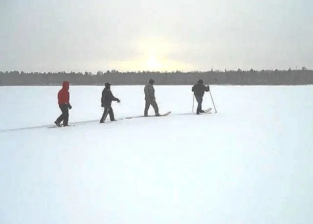 Four people snowshoeing on a snow-covered landscape