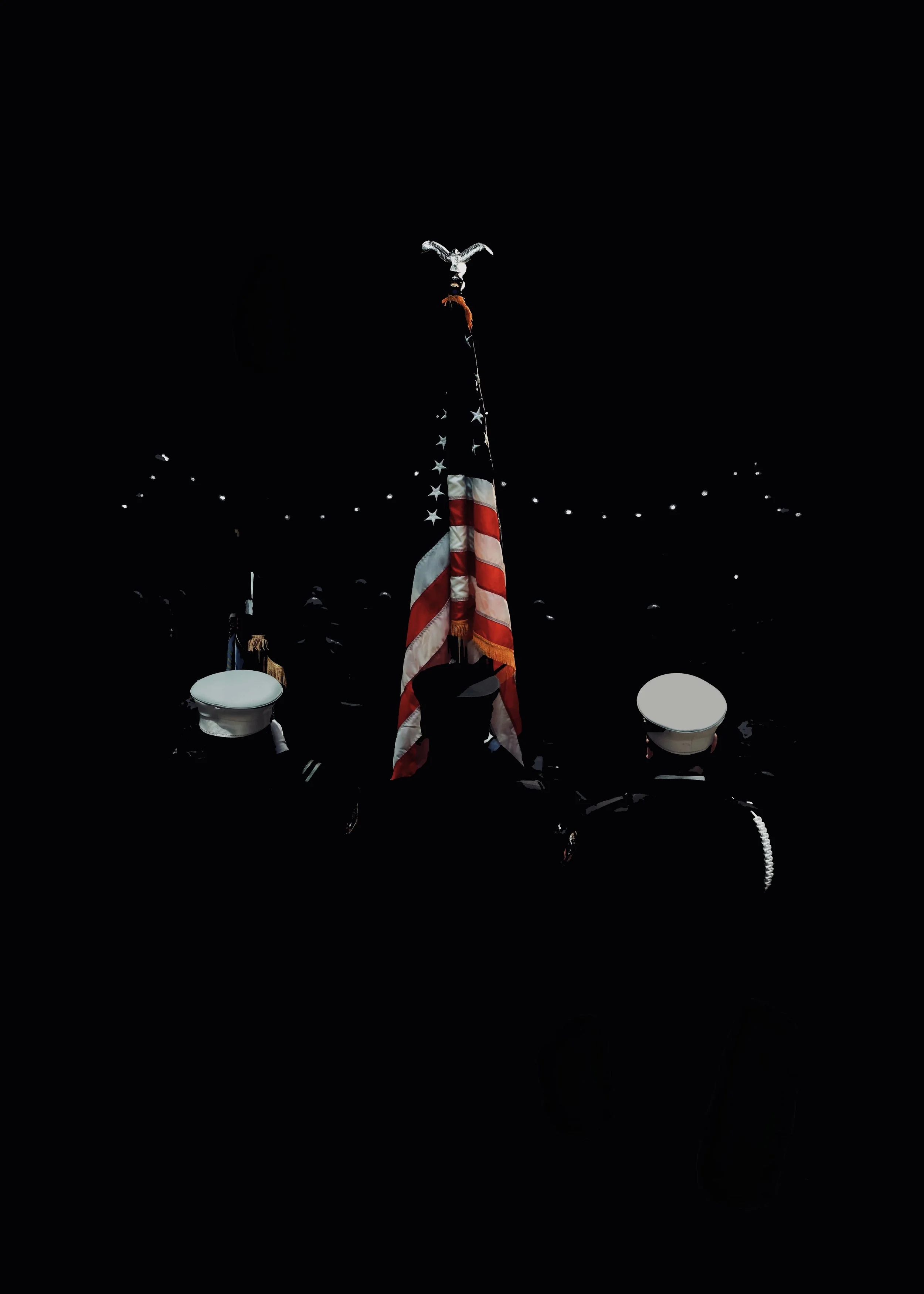 U.S. military personnel in uniform standing at attention with their backs to the camera, facing a U.S. flag, with soldiers saluting in a dark setting and a bald eagle emblem at the top.